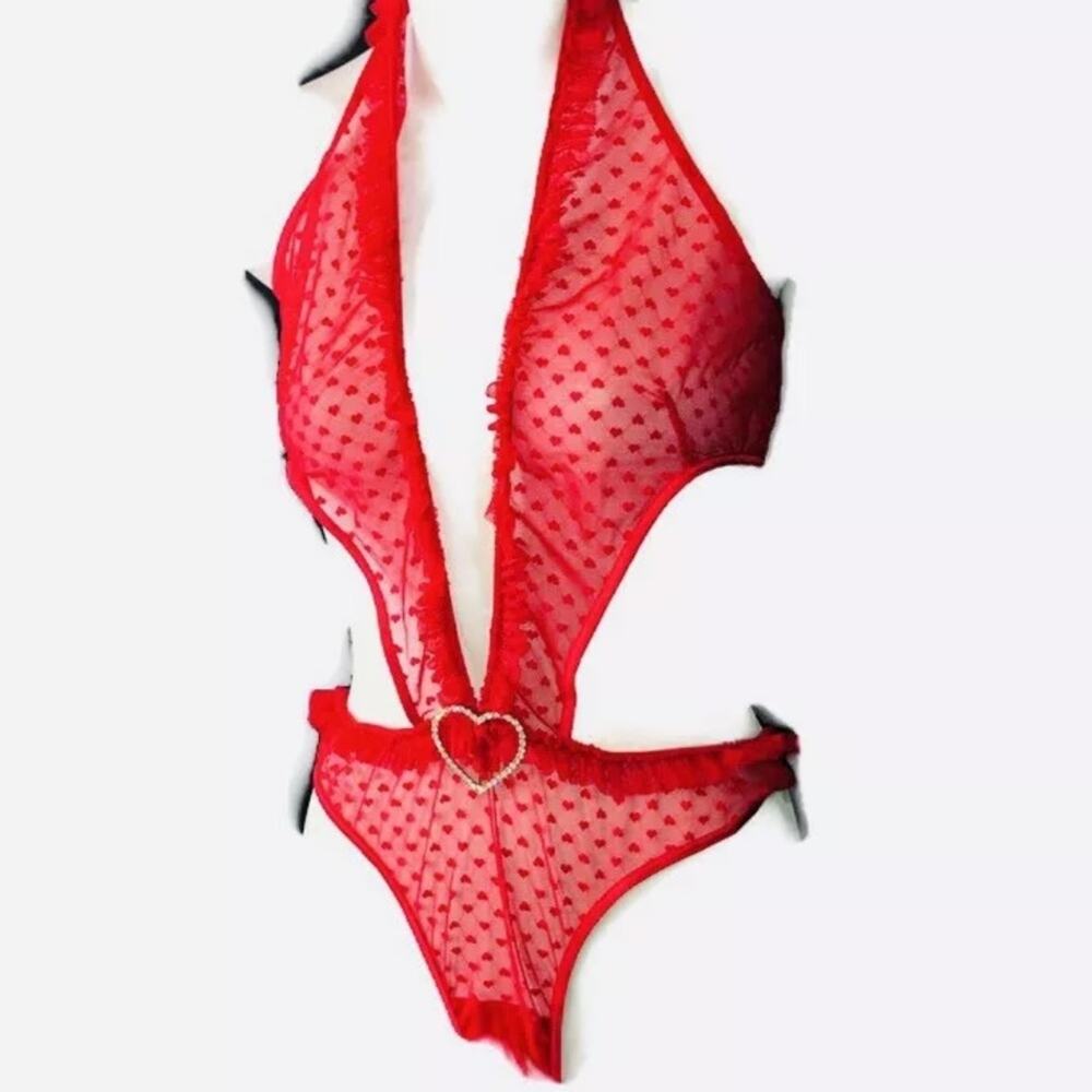 NEW FREDERICKS Sheer Red Lace Heart Halter Tank Thong Panty Teddy Lingerie S - Picture 7 of 8
